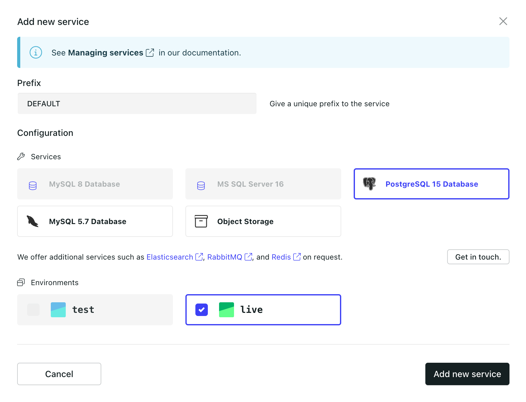 Add the new PostgreSQL service with prefix &quot;NEW&quot;